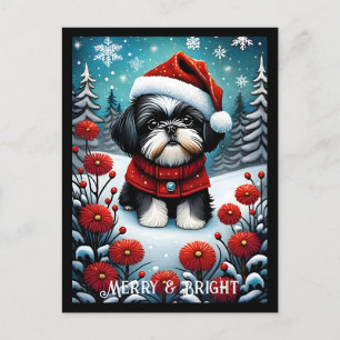 Shih Tzu Snowy Flower Meadow Santa Hund jul Vykort