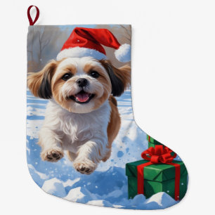 Shih Tzu springar i snö med julhatt Stor Julstrumpa