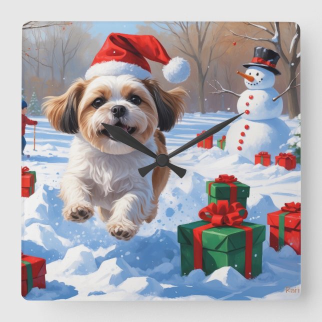 Shih Tzu springer i snö med julhatt Fyrkantig Klocka (Framsida)
