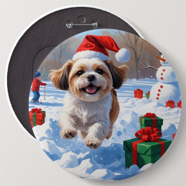 Shih Tzu springer i snö med julhatt Knapp (Framsida & baksida)