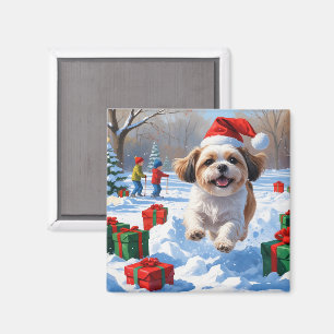 Shih Tzu springer i snö med julhatt Magnet