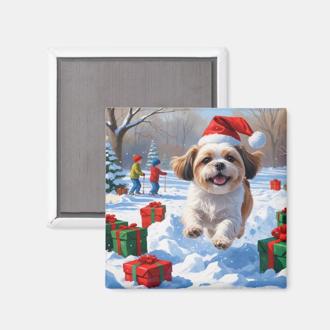 Shih Tzu springer i snö med julhatt Magnet (Front/Back)