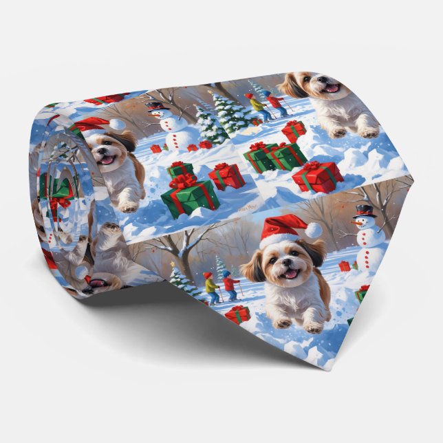 Shih Tzu springer i snö med julhatt Slips (Rullad)