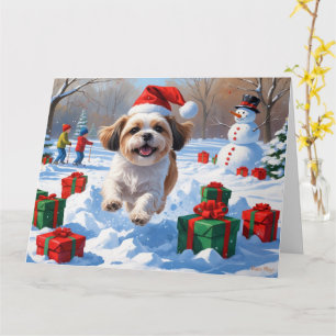 Shih Tzu springer i Snö med julhögen Kort