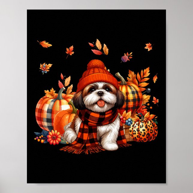Shih Tzu Thanksgiving Leopard Pumpkins Höst löv Poster (Framsidan)