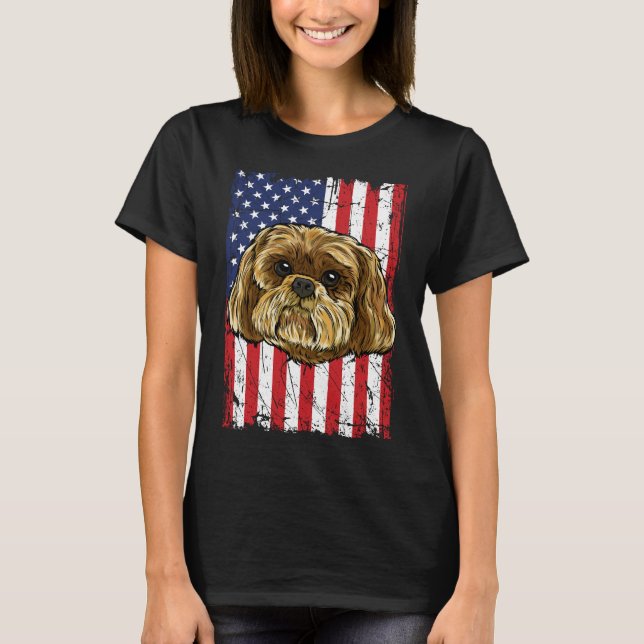 Shih Tzu USA flagga T Shirt (Framsida)