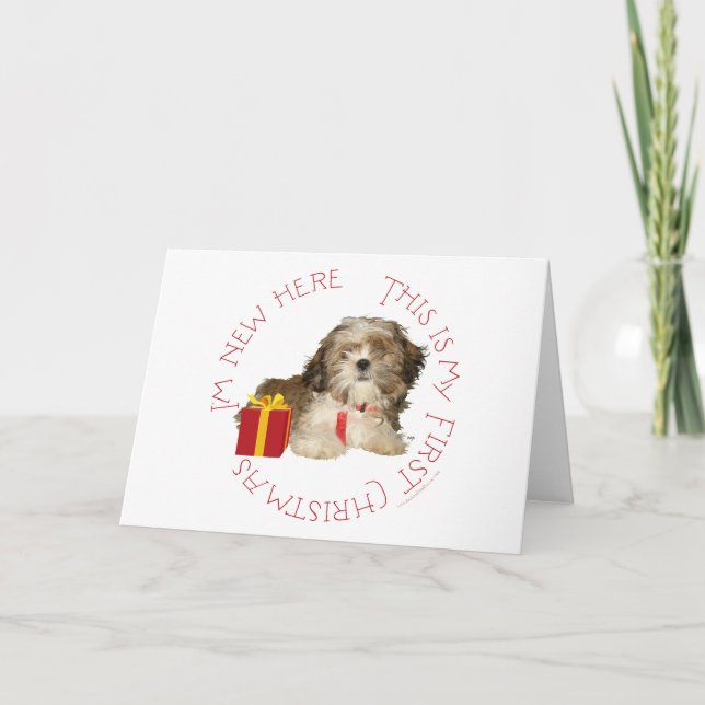 Shih Tzu-valp Första julen Helgkort (Framsida)