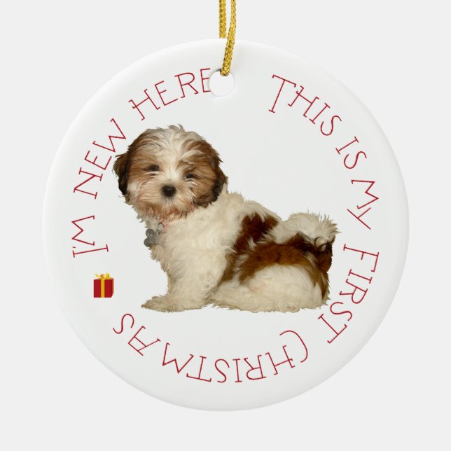 Shih Tzu-valp Första julen Julgransprydnad Keramik (Framsidan)