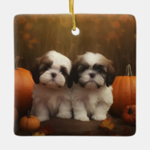 Shih Tzu Valp Höstglädje Pumpa Julgransprydnad Keramik
