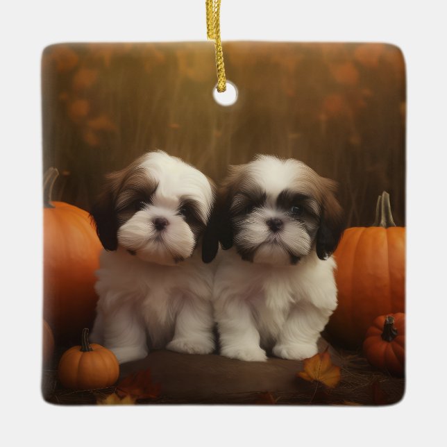 Shih Tzu Valp Höstglädje Pumpa Julgransprydnad Keramik (Framsida)