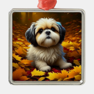 Shih Tzu-valp leker i höstlöv Julgransprydnad Metall