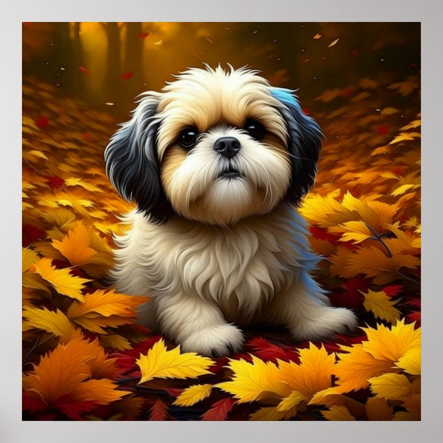 Shih Tzu-valp leker i höstlöv   Poster (Framsidan)