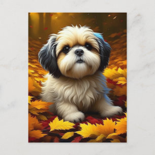 Shih Tzu-valp leker i höstlöv Vykort