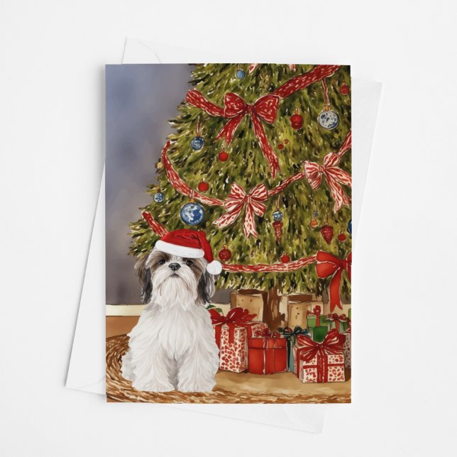 Shih Tzu Watercolor under Julgran-kortet Kort (Skapare uppladdad)