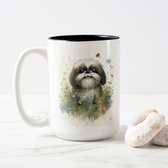 Shih Tzu Watercolor Whimsical Två-Tonad Mugg (Med munk)