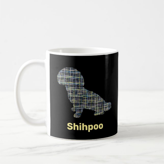 Shihpoo Hund Silhouette Gult & Black Grid Linjer Kaffemugg (Vänster)