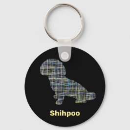 Shihpoo Hund Silhouette Gult & Black Grid Linjer Nyckelring