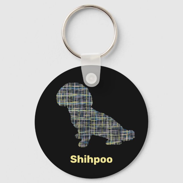 Shihpoo Hund Silhouette Gult & Black Grid Linjer Nyckelring (Framsida)