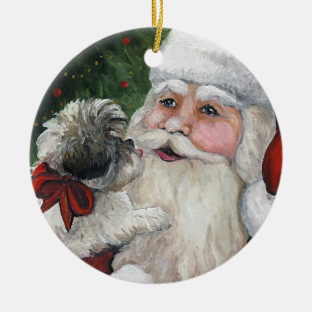 Shihtzu och prydnad för jul för Santa hundkonst Julgransprydnad Keramik (Framsidan)
