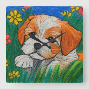 Shihtzu puppy krayon, se konst fyrkantig klocka