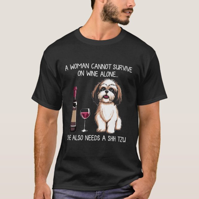 Shihzu och vin Rolig hund retro T Shirt (Framsida)