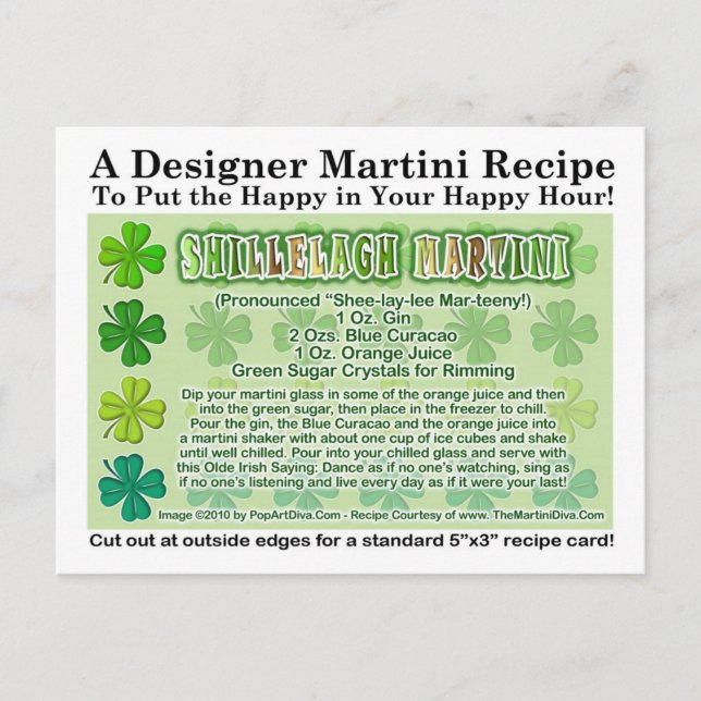 Shillelagh St. Patrick's Day Martini Recipe Card Vykort (Framsida)