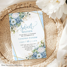 Shimmer Dusty Blue White Peonies Sweet 16 Inbjudan