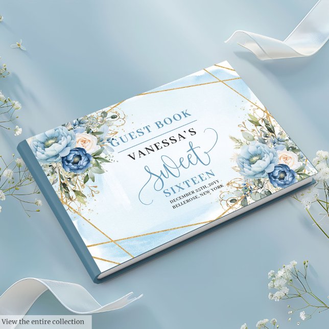 Shimmer Dusty Blue White Peonies Sweet sixteen 16 Gästböcker (Shimmer Dusty Blue White Peonies Sweet Sixteen Guest Book)