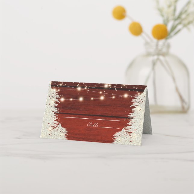 Shimmer Rustic Wood String Ljus Träd Bröllop Placeringskort (Framsida)