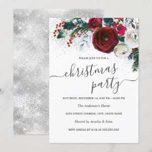 Shimmer Vit Silver Röd Blommig Julfest Inbjudningar