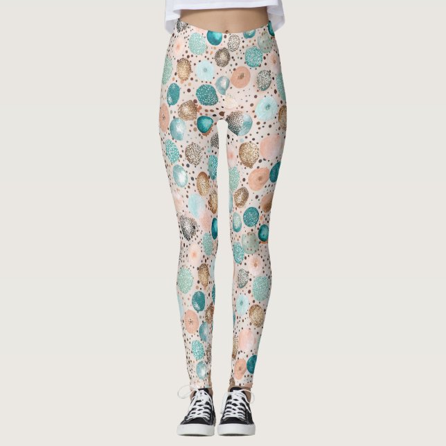 Shimmering Abstrakt Dot Mönster in Turquise, Rosa Leggings (Framsida)