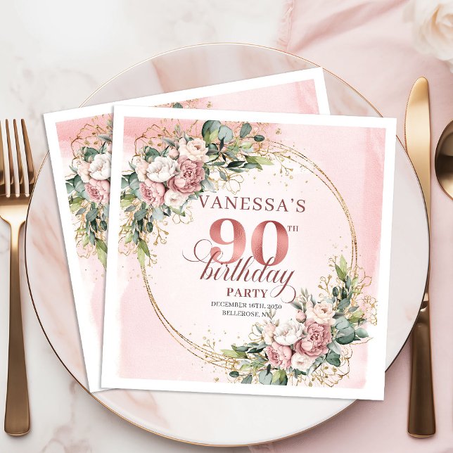 Shimmering Rose Gold Greenery 90th Birthday Napkin Pappersservett (Shimmering Rose Gold Greenery 90th Birthday Napkins)