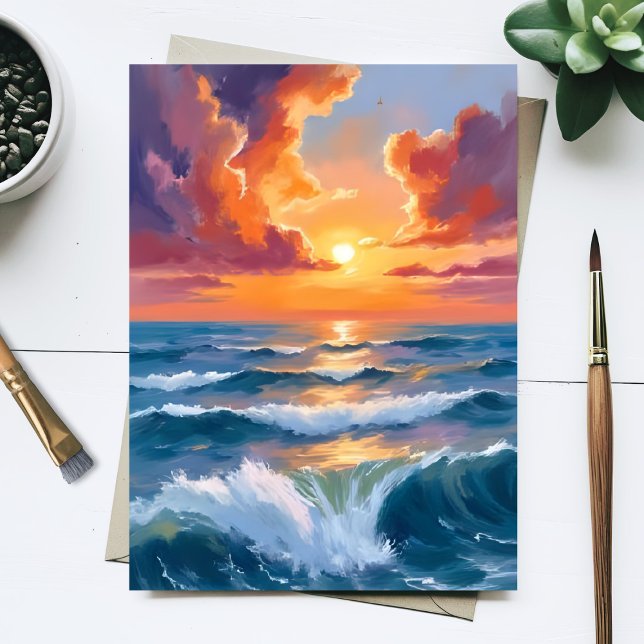 Shimmering Sea Sunset Ocean Watercolor Paint Card (Skapare uppladdad)
