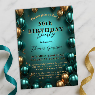 Shimmering Teal and Guld Balloons 50:e födelsedage Inbjudningar