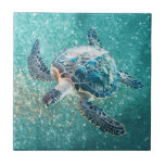 Shimmering Turquoise Sea Turtle | Coastal Kakelplatta<br><div class="desc">An insanely detailed shimmering turtle on a green glitter background.</div>