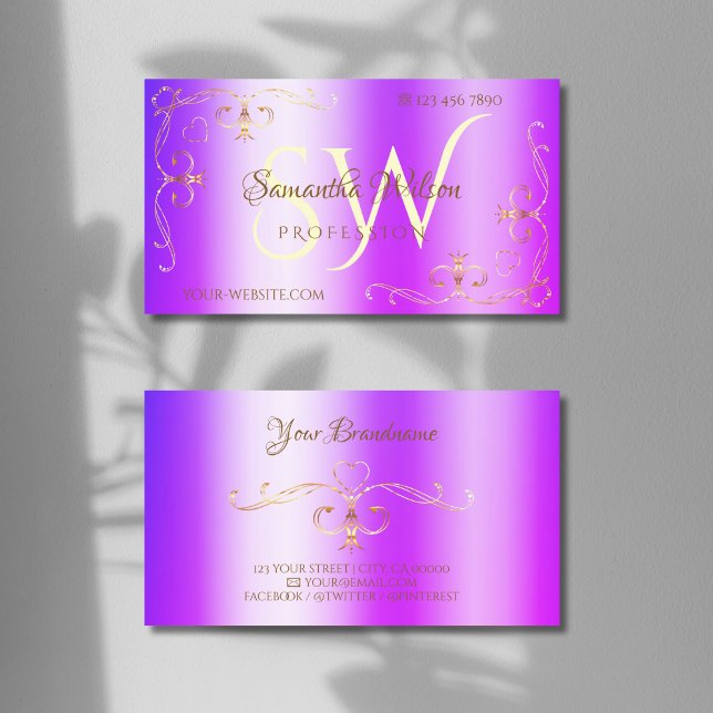 Shimmery Blue Lila Guld Ornate Corners Initialer Visitkort (Skapare uppladdad)