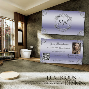 Shimmery Blue Silver Decor Monogram Photo QR-kod Visitkort