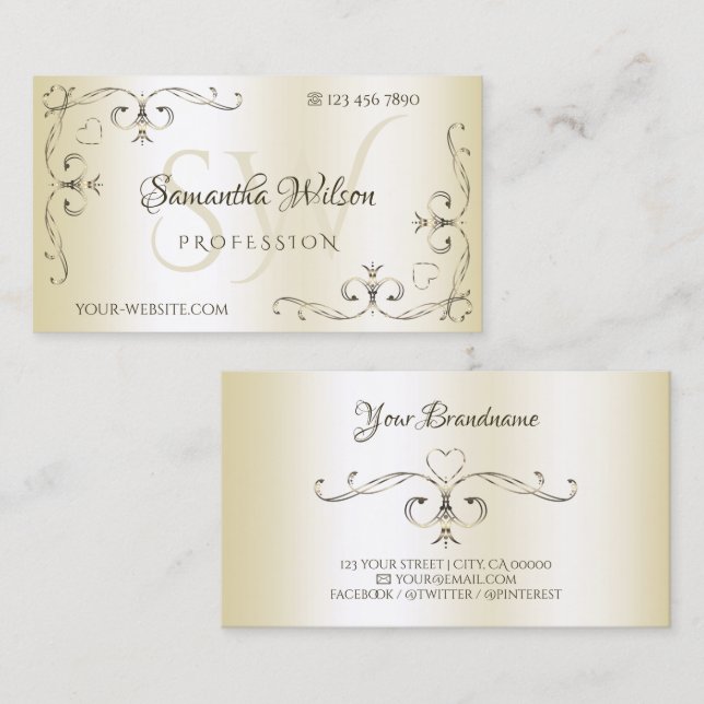 Shimmery Cream Ornamental Ornate Corners Initialer Visitkort (Fram/baksida)