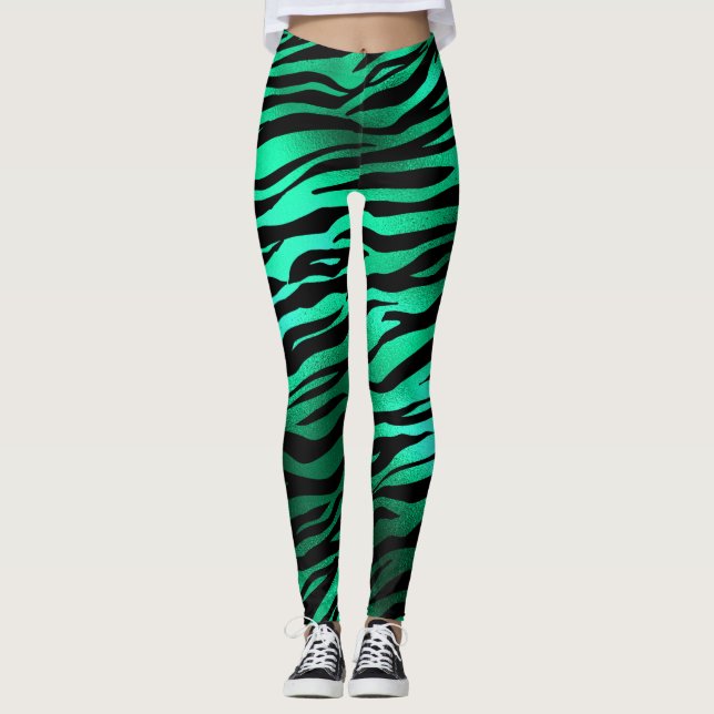 Shimmery Emerald Grönt Zebra/Tiger Print Leggings (Framsida)