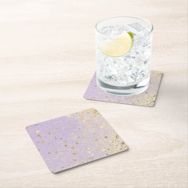 Shimmery Glittery Guld Stars på Lavender Underlägg Papper Kvadrat (Insitu)