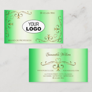 Shimmery Grönt med Guld Ornate Corners och Logotyp Visitkort