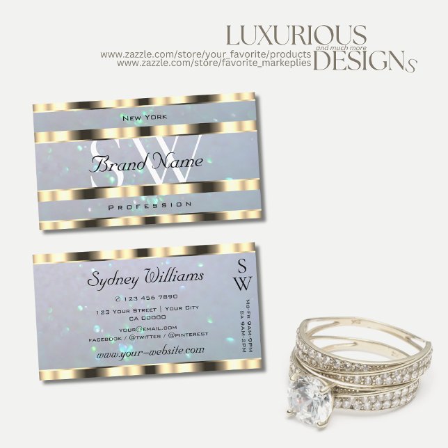 Shimmery Guld Light Blue Pearl Glitter Monogram Visitkort (Skapare uppladdad)