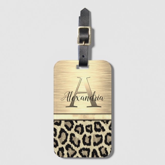 Shimmery Guld Monogram Leopard Bagagebricka (Framsida vertikal)