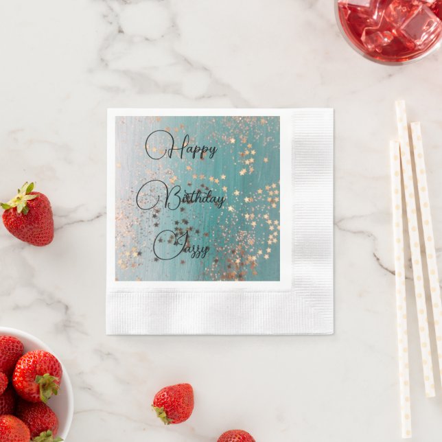 Shimmery Guld Stars på Teal Birthday Pappersservett (Insitu)