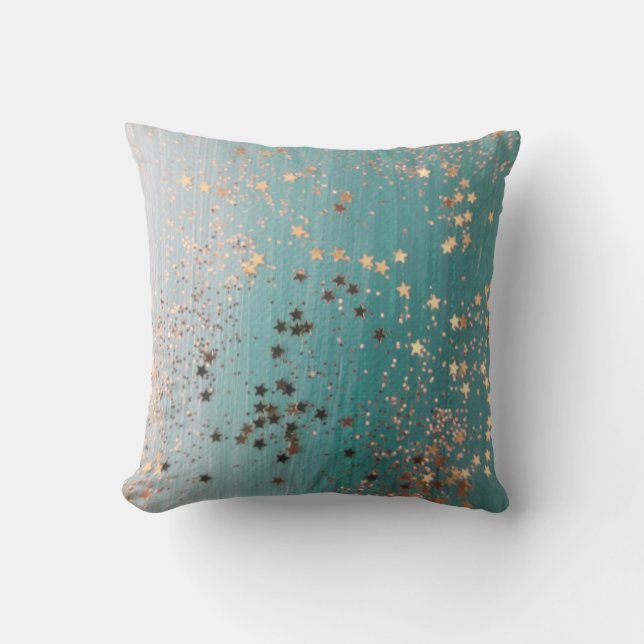 Shimmery Guld Stars på Teal  Kudde (Framsida)