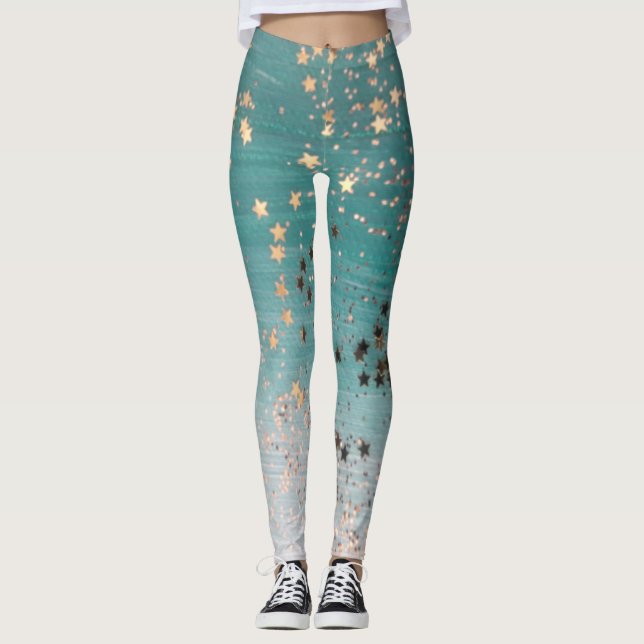 Shimmery Guld Stars på Teal  Leggings (Framsida)