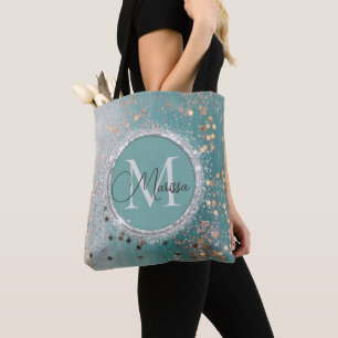 Shimmery Guld Stars på Teal Monogram Tygkasse