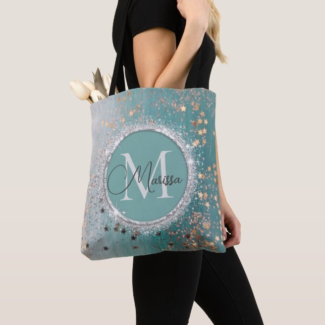 Shimmery Guld Stars på Teal Monogram Tygkasse (Närbild)