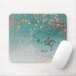 Shimmery Guld Stars på Teal Musmatta