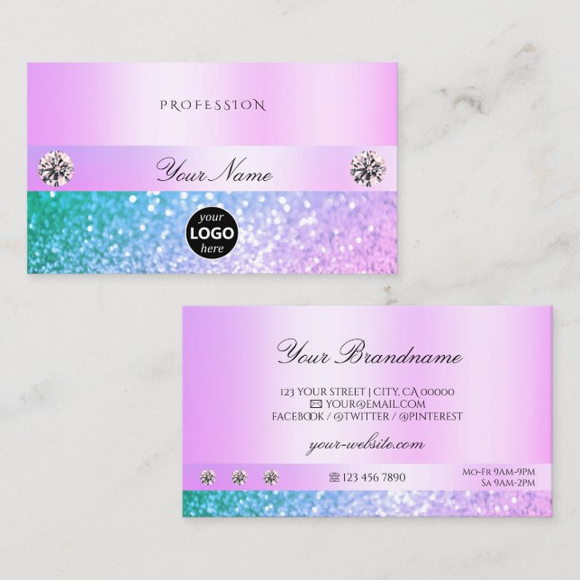 Shimmery Ljus rosa Teal Glitter med Logotyp Pastel Visitkort (Fram/baksida)